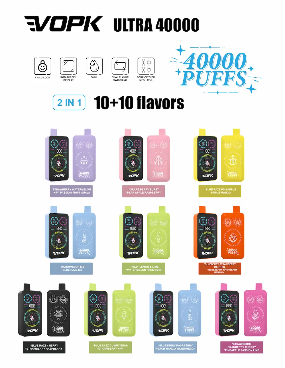 VOPK Ultra 40000 disposable vape series showing full flavor and color lineup