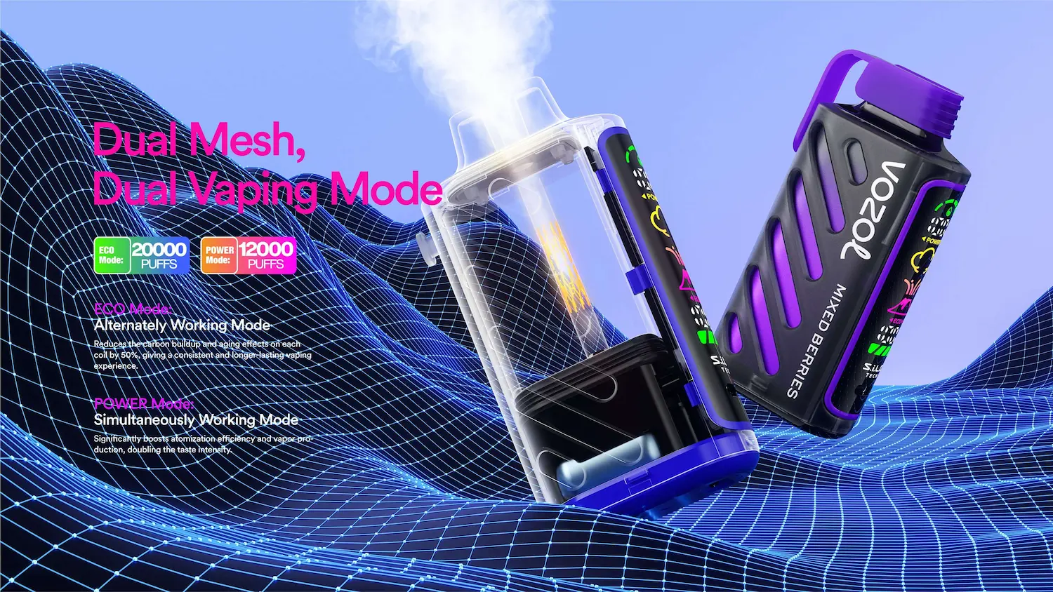VOZOL Gear Power – Dual mesh coil and dual vaping modes: ECO 20000 puffs, POWER 12000 puffs