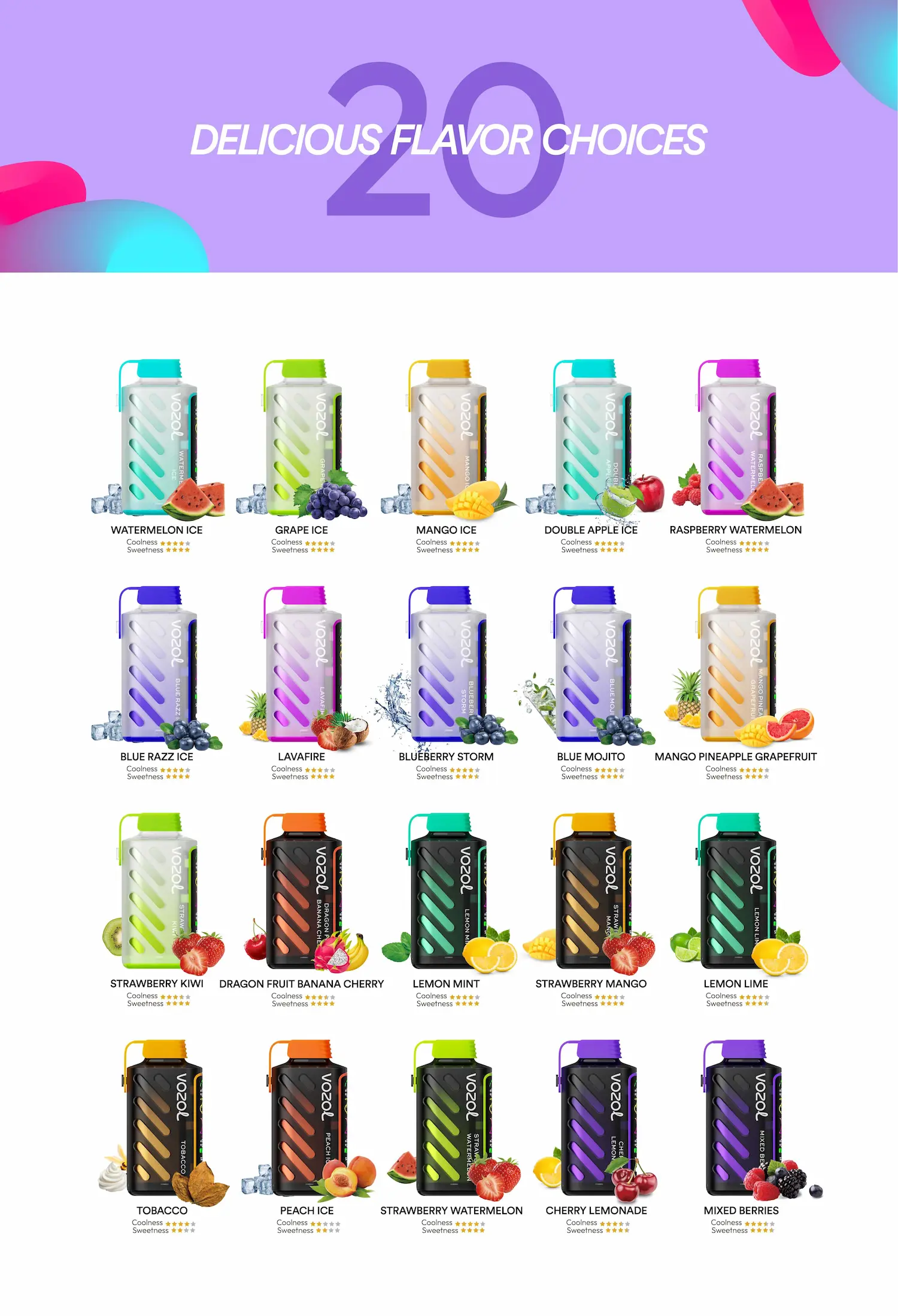 VOZOL Gear Power vape flavor options – 20 flavors with fruity, minty, and classic blends