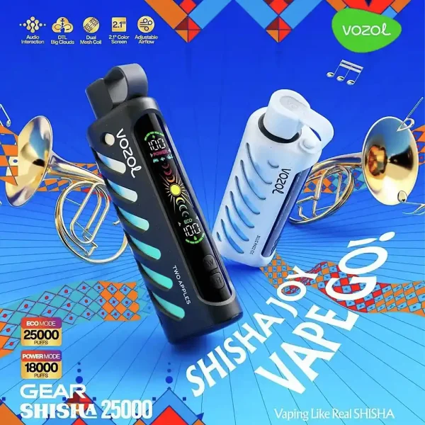 Vozol Gear Shisha 25000 puffs wegwerpvape - hoofddisplay met dubbele apparaatindeling