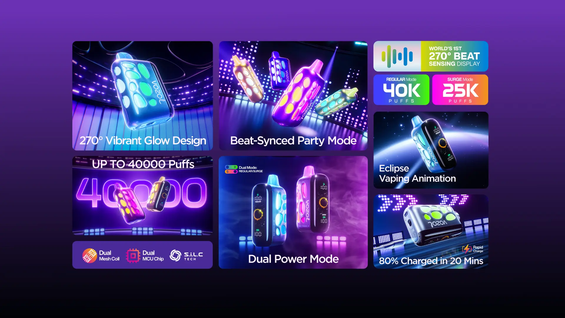 Vozol Rave 40000 features: dual power mode, 270° beat glow, eclipse screen, fast charge