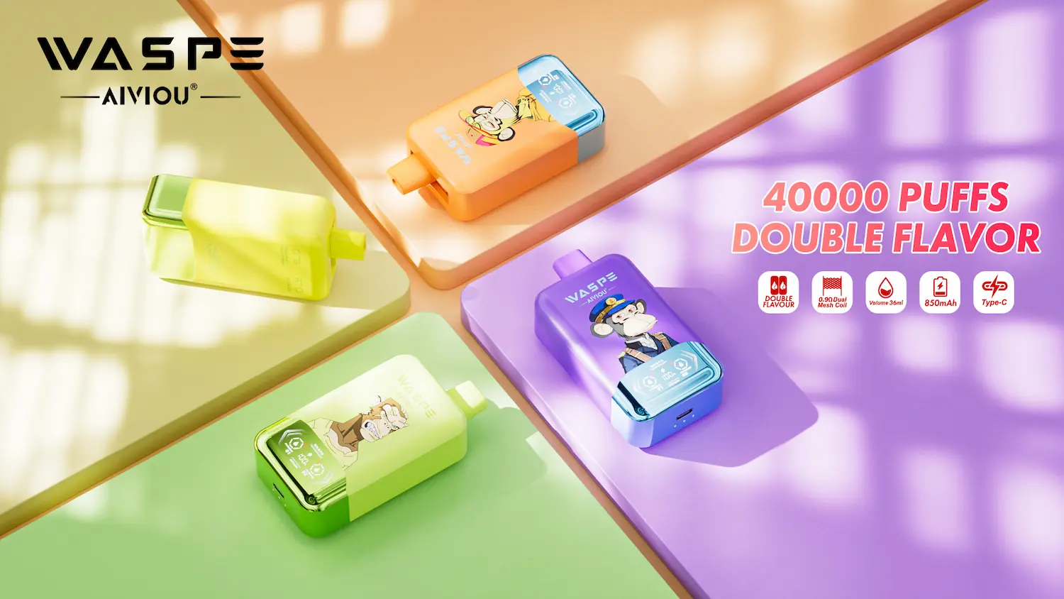 WASPE 40000 dual flavor vape features: 0.9Ω dual mesh coil, LED screen, 36ml e-liquid, 850mAh battery, Type-C charging