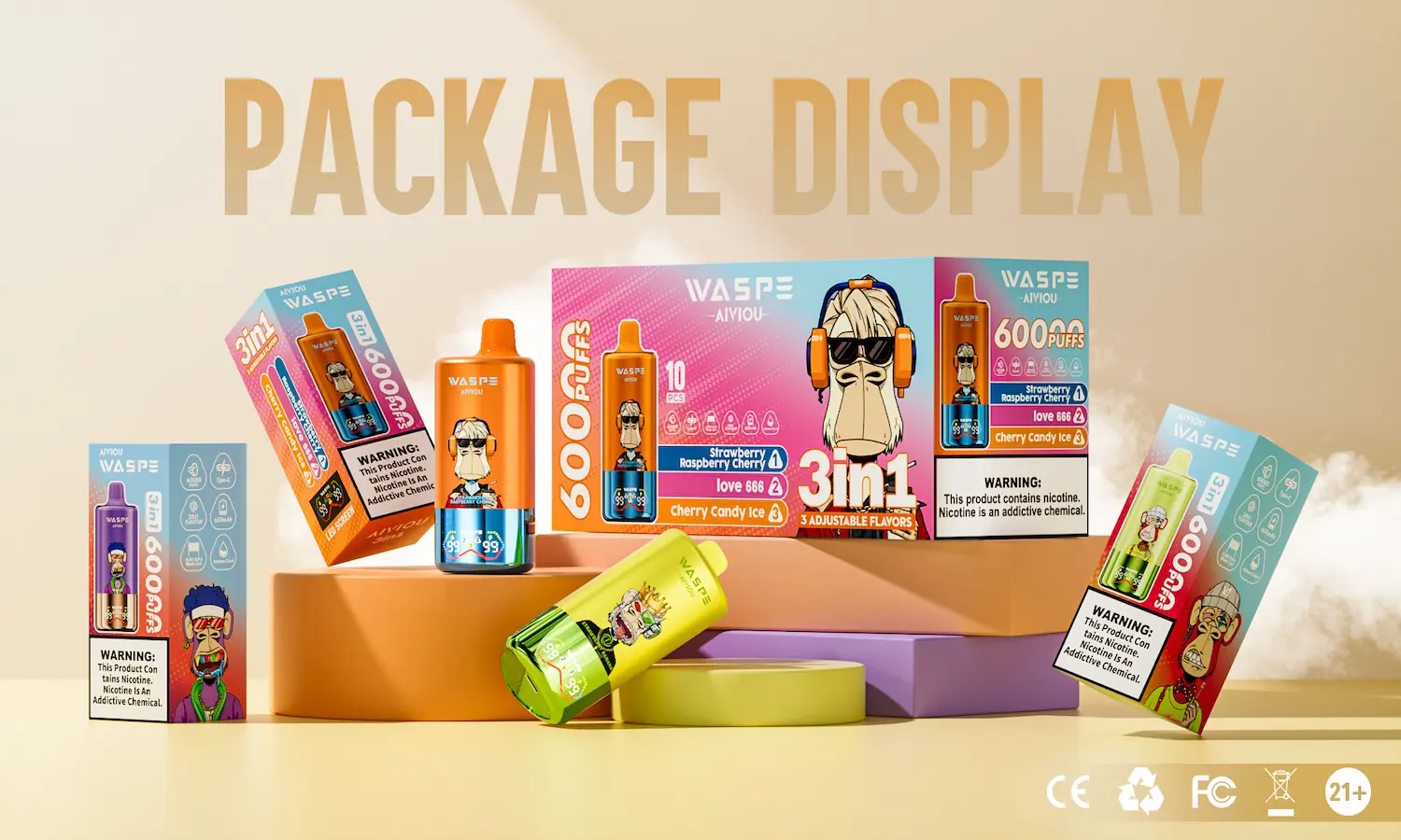 WASPE 60000 60K puffs disposable vape - packaging display with box designs and flavor highlights