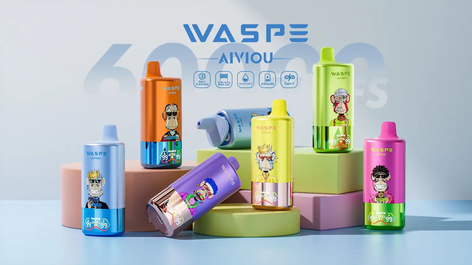 WASPE 60000 60K puffs disposable vape - specs display: triple flavor, mesh coil, 650mAh battery, 54ml capacity, Type-C charging