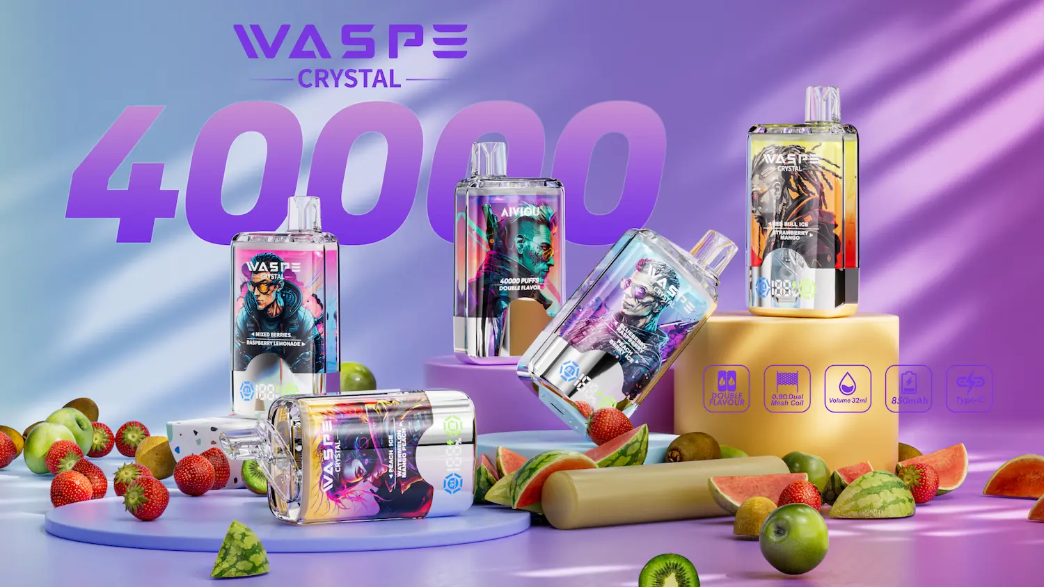 Waspe Crystal 40000 40K puffs disposable vape - Dual flavor, 0.9Ω mesh coil, 32ml e-liquid, 850mAh battery, Type-C charging