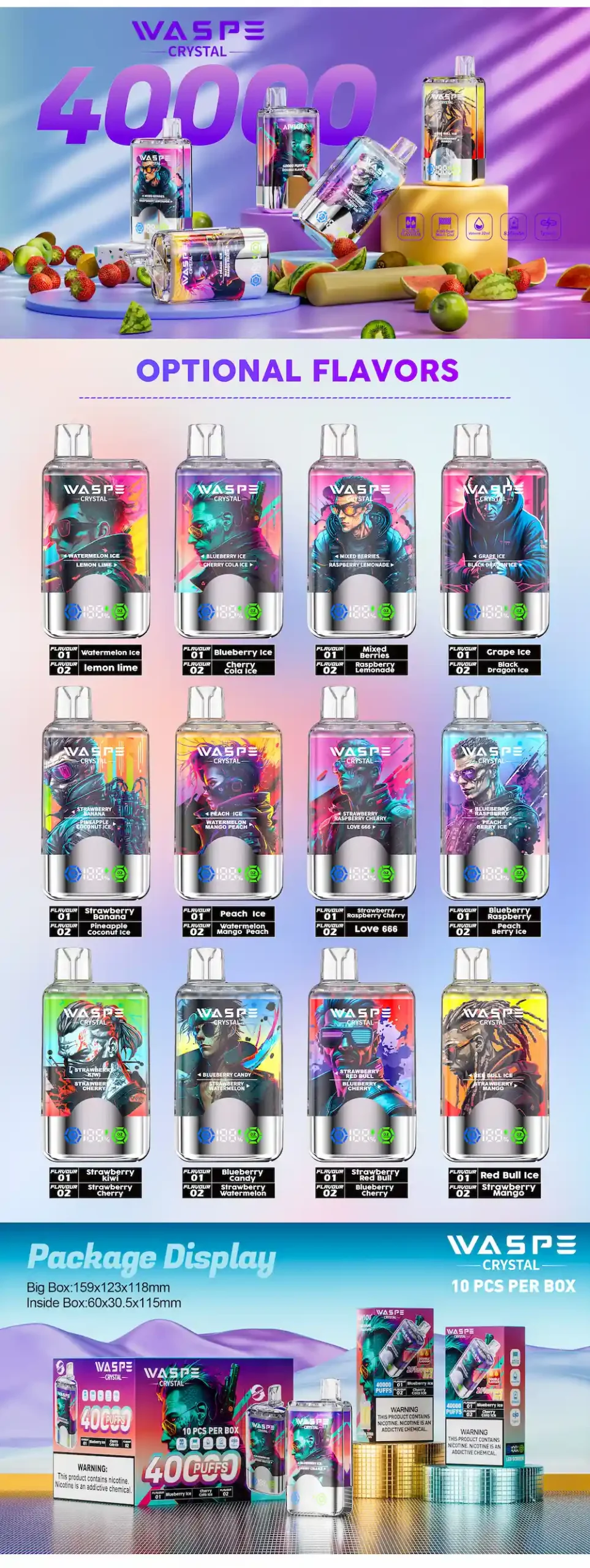 Waspe Crystal 40000 40K puffs disposable vape - all available flavors display