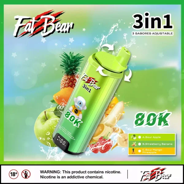 AIVONO AIM FAT BEAR 80000 80K puffs 3-in-1 disposable vape - Green Apple Sour, Strawberry Banana, Sour Mango Pineapple
