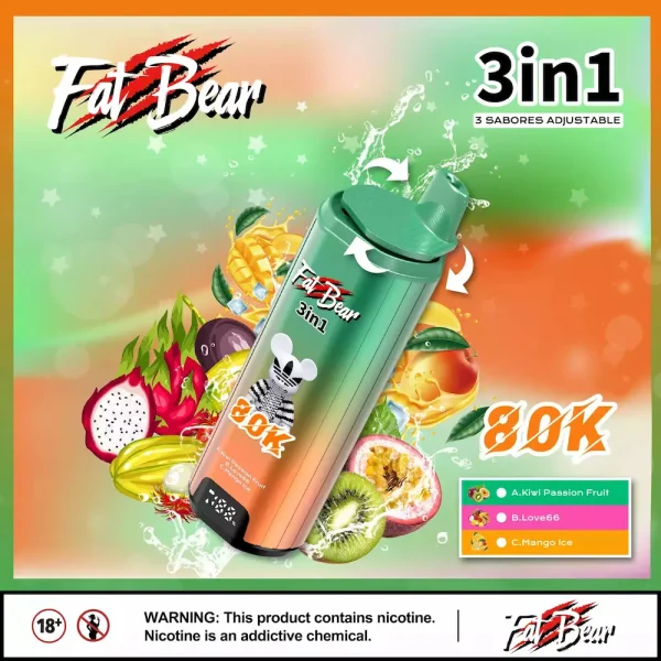AIVONO AIM FAT BEAR 80000 80K puffs 3-in-1 disposable vape - Kiwi Passionfruit, Love 66, Mango Ice