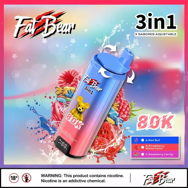 AIVONO AIM FAT BEAR 80000 80K puffs 3-in-1 disposable vape - Red Bull Energy, Strawberry Watermelon, Raspberry Candy