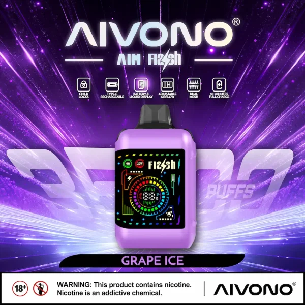AIVONO AIM FLASH 35000 35K puffs smart screen disposable vape - Grape Ice flavor