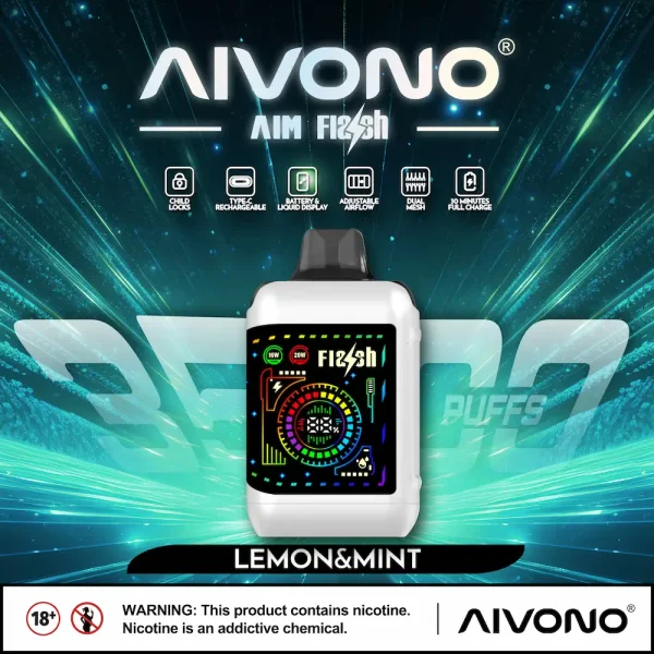 AIVONO AIM FLASH 35000 35K puffs smart screen disposable vape - Lemon Mint flavor