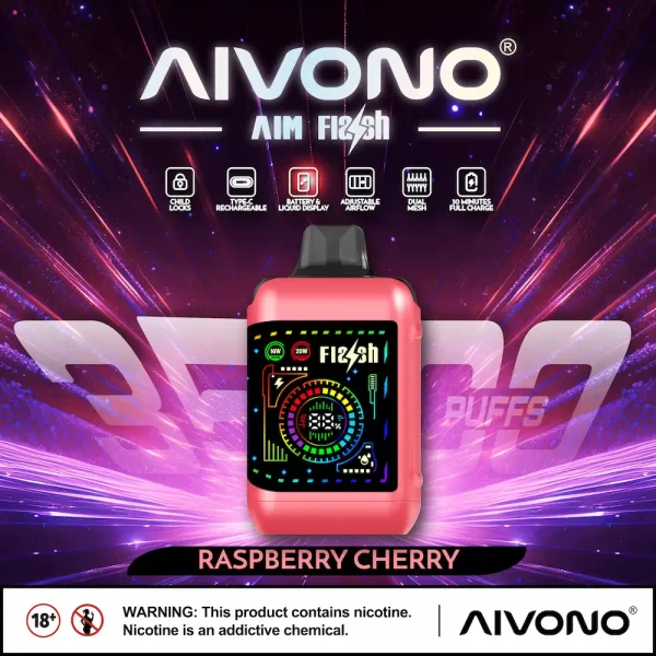 AIVONO AIM FLASH 35000 35K puffs smart screen disposable vape - Raspberry Cherry flavor