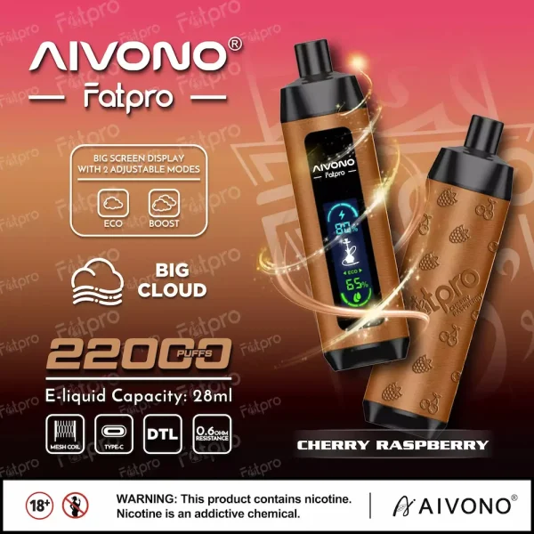 AIVONO Fatpro 22000 22K puffs dual mode hookah disposable vape - Cherry Raspberry flavor