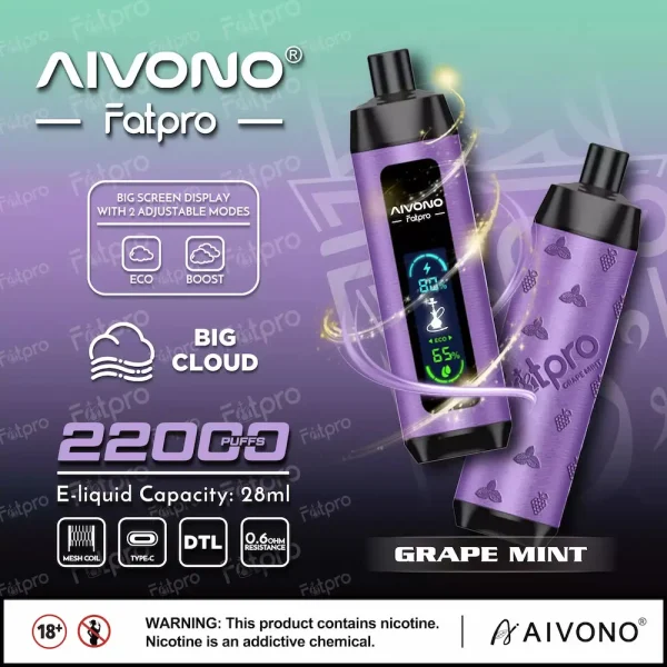 AIVONO Fatpro 22000 22K puffs dual mode hookah disposable vape - Grape Mint flavor