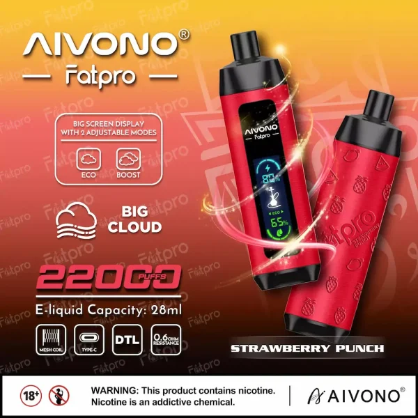 AIVONO Fatpro 22000 22K puffs dual mode hookah disposable vape - Strawberry Punch flavor