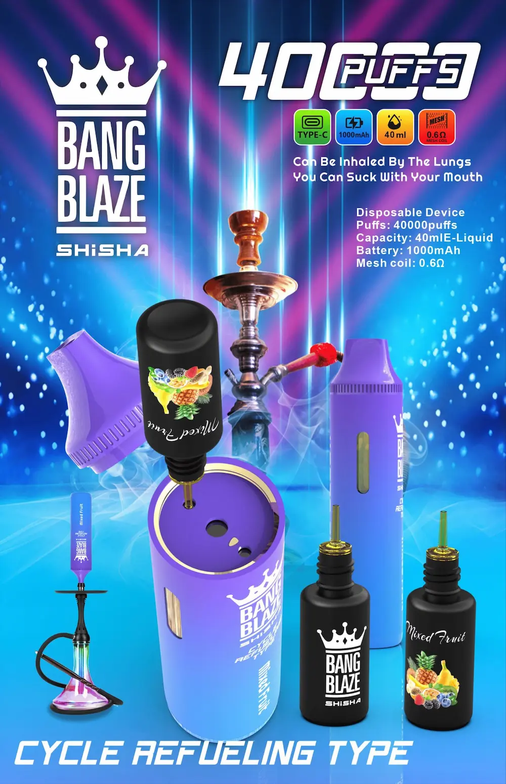 Bang Blaze Shisha 40000 puffs disposable vape features with cycle refueling system and 1000mAh battery