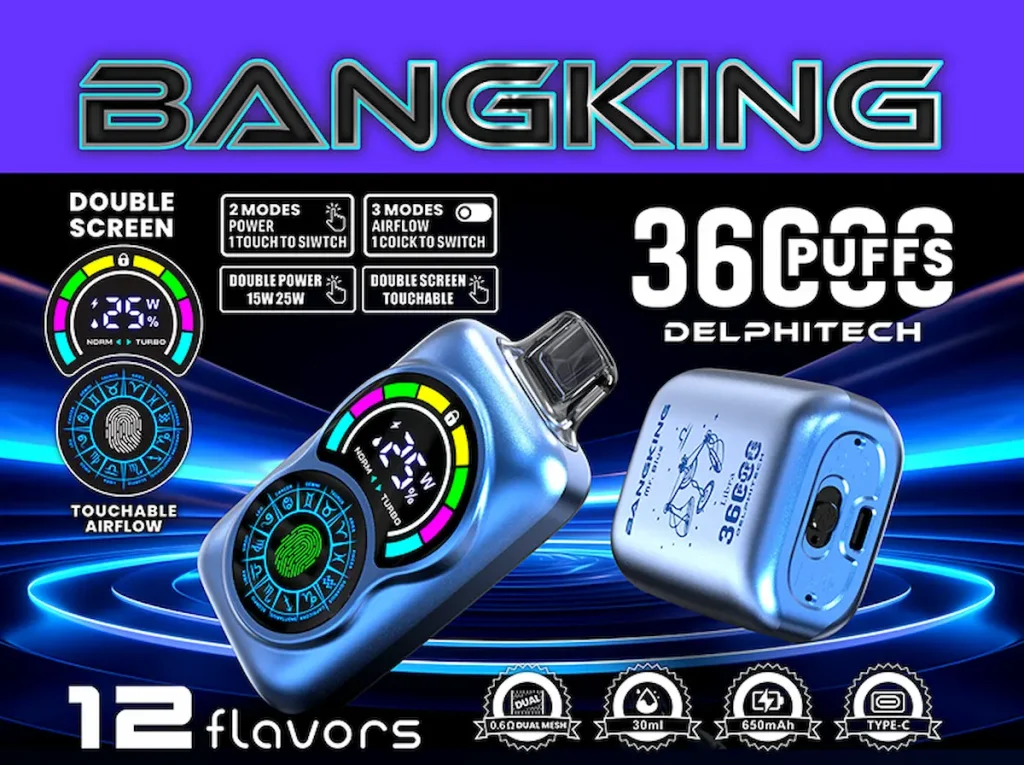 Bang King 36000 Testbericht 2025: Technischer Tiefgang - von den technischen Daten bis zur tatsächlichen Leistung 3 Bang King 36000 Puffs Vape mit Dual-Screen, Touch-Airflow, und 12 Geschmacksrichtungen