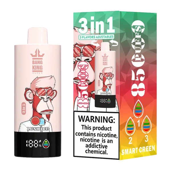 Bang King Triple 85K 3-in-1 disposable vape – Kiwi Passion Fruit Guava, Lush Ice, Straw Mango flavors