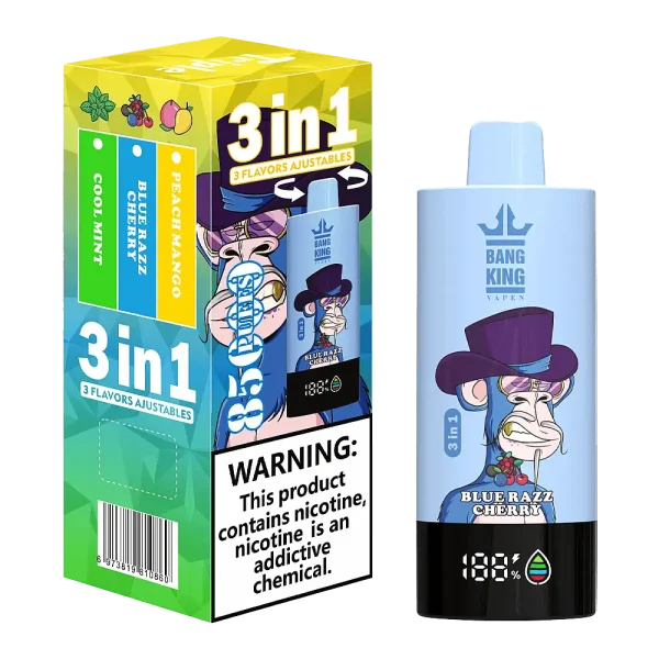 Bang King Triple 85K 3-in-1 disposable vape – Peach Mango, Blue Razz Cherry, Cool Mint flavors