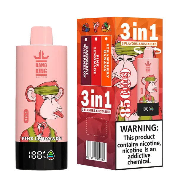 Bang King Triple 85K 3-in-1 disposable vape – Strawberry Banana, Pink Lemonade, Raspberry Watermelon flavors