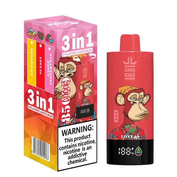 Bang King Triple 85K 3-in-1 disposable vape – Strawberry Donut, Love 66, Banana Ice flavors