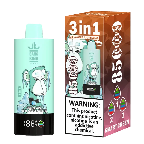 Bang King Triple 85K 3-in-1 disposable vape – Strawberry Vanilla Coke, Black Dragon Ice, Peach Ice flavors
