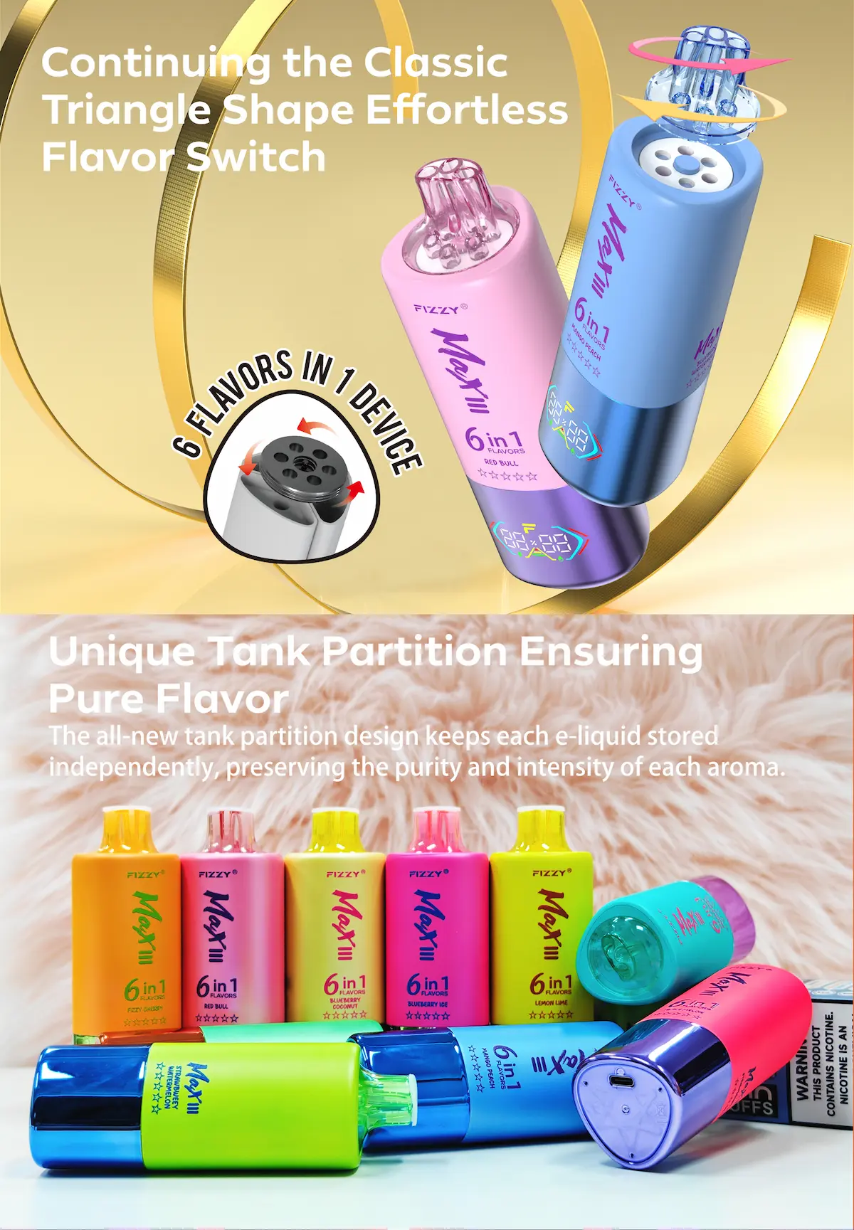 Fizzy Max III 6 aromi in 1 vape monouso con design a triangolo e partizione unica del serbatoio per un aroma puro.