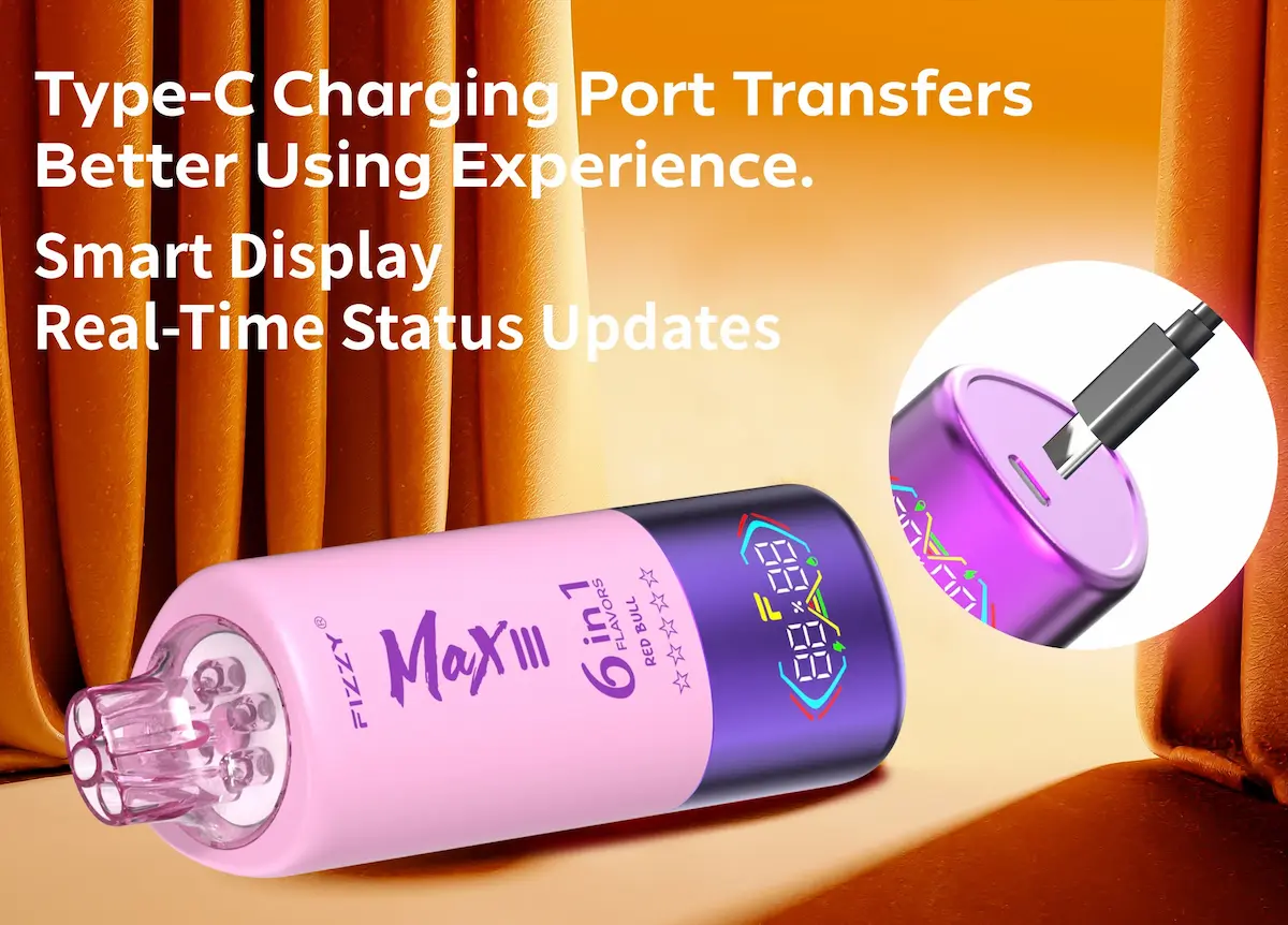 Vape monouso Fizzy Max III con porta di ricarica Type-C e display intelligente per aggiornamenti in tempo reale sullo stato di salute.