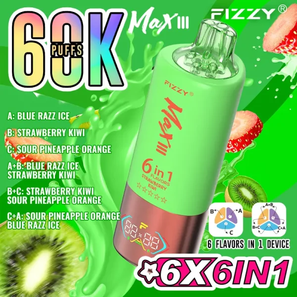 Fizzy Max III 60000 boccate di vapore monouso - Blue Razz Ice, Strawberry Kiwi, Sour Pineapple Orange