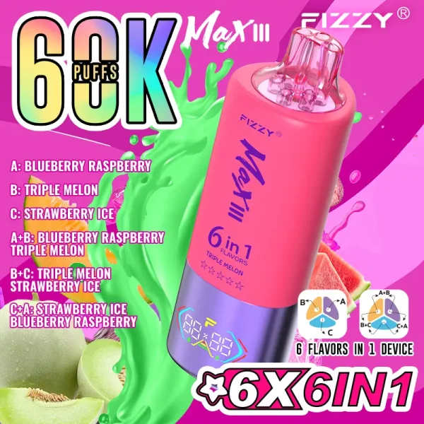 Fizzy Max III 60000 puff monouso - Mirtillo, Lampone, Triplo Melone, Fragola e Ghiaccio