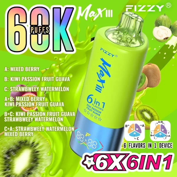 Fizzy Max III 60000 boccate di vapore monouso - Bacche miste, Kiwi Frutto della Passione Guava, Fragola Anguria