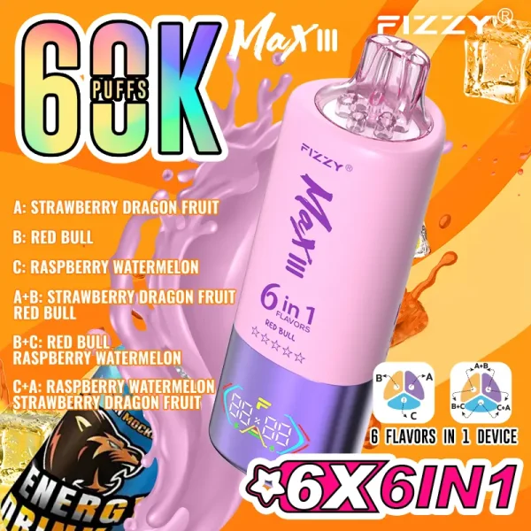 Fizzy Max III 60000 boccate di vapore monouso - Fragola, Frutto del Drago, Red Bull, Lampone e Anguria