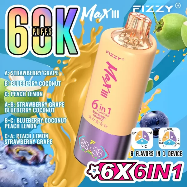 Fizzy Max III 60000 boccate di vapore monouso - uva fragola, cocco mirtillo, pesca limone