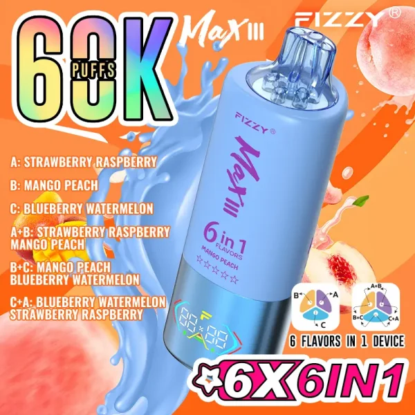 Fizzy Max III 60000 boccate di vapore monouso - Fragola, Lampone, Pesca, Mango, Anguria.