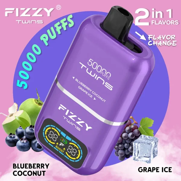 Fizzy Twins 50000 dual flavor disposable vape Blueberry Coconut and Grape Ice