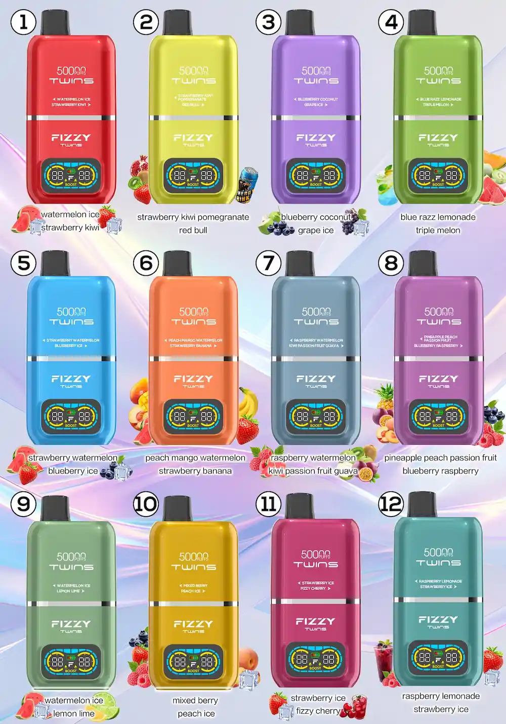 Fizzy Twins 50000 50K puffs dual flavor disposable vape all 12 flavors collection