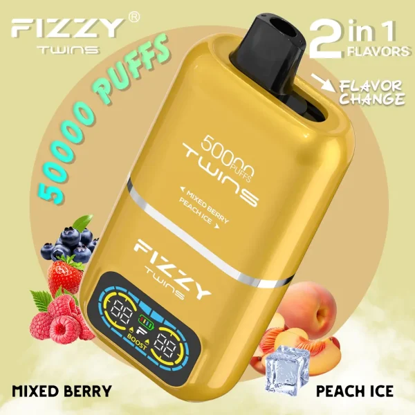 Fizzy Twins 50000 dual flavor disposable vape Mixed Berry and Peach Ice