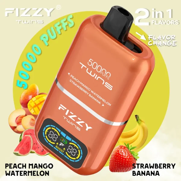 Fizzy Twins 50000 dual flavor disposable vape Peach Mango Watermelon and Strawberry Banana