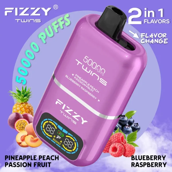 Fizzy Twins 50000 dual flavor disposable vape Pineapple Peach Passion Fruit and Blueberry Raspberry