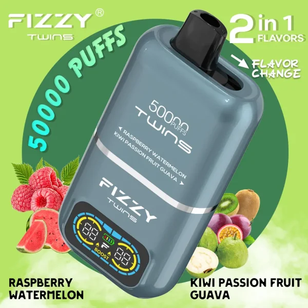 Fizzy Twins 50000 dual flavor vape Raspberry Watermelon and Kiwi Passion Fruit Guava