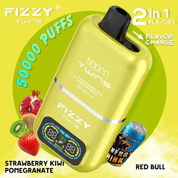 Fizzy Twins 50000 dual flavor vape Strawberry Kiwi Pomegranate and Red Bull