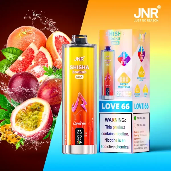 JNR Shisha Hookah Max 22K Puffs Love 66 Grapefruit Passionfruit Disposable Vape