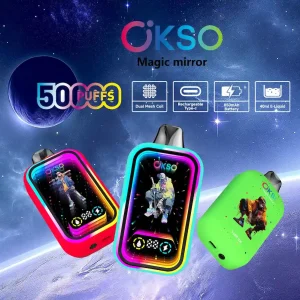 OKSO Magic Mirror 50000 50K puffar RGB-lampor engångs vape huvudproduktbild med RGB-belysningsdesign