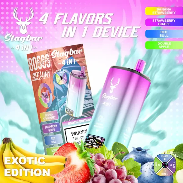 Stagbar 80000 80K puffs 4-in-1 disposable vape with banana strawberry, strawberry grape, red bull, double apple