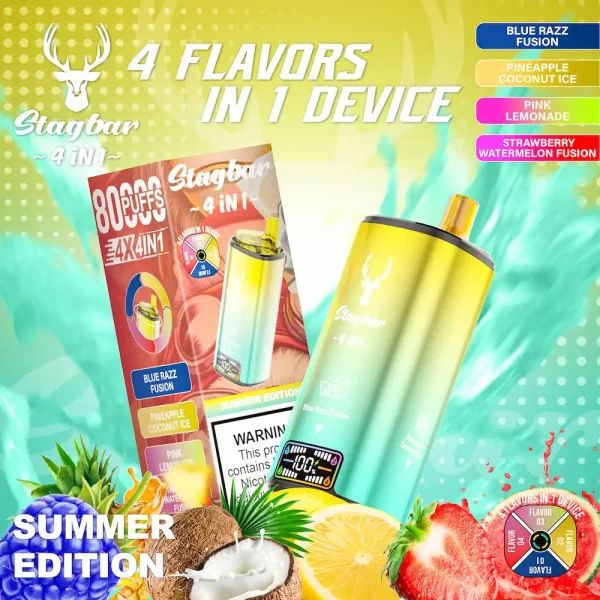Stagbar 80000 80K puffs 4-in-1 disposable vape with blue razz fusion, pineapple coconut ice, pink lemonade, strawberry watermelon fusion