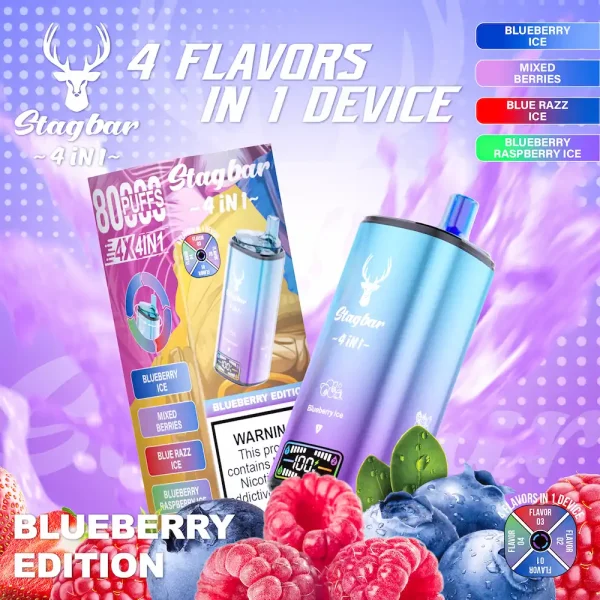 Stagbar 80000 80K puffs 4-in-1 disposable vape with blueberry ice, mixed berries, blue razz ice, blueberry raspberry ice