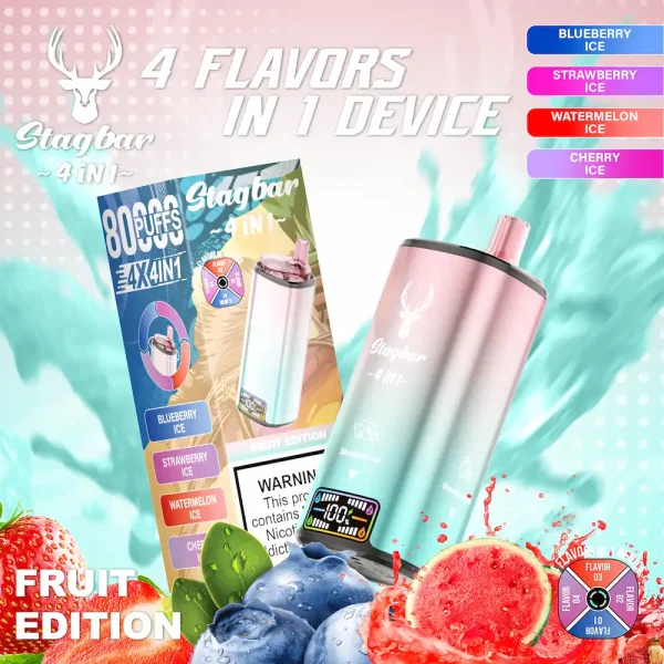 Stagbar 80000 80K puffs 4-in-1 disposable vape with blueberry ice, strawberry ice, watermelon ice, cherry ice