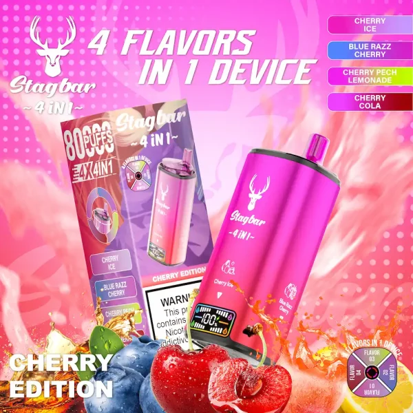 Stagbar 80000 80K puffs 4-in-1 disposable vape with cherry ice, blue razz cherry, cherry peach lemonade, cherry cola