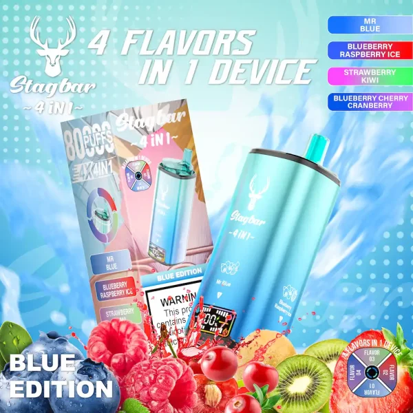 Stagbar 80000 80K puffs 4-in-1 disposable vape with Mr Blue, blueberry raspberry ice, strawberry kiwi, blueberry cherry cranberry