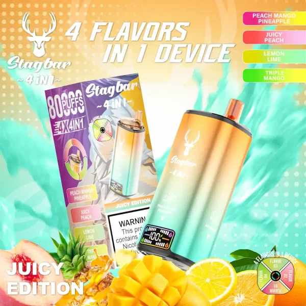 Stagbar 80000 80K puffs 4-in-1 disposable vape with peach mango pineapple, juicy peach, lemon lime, triple mango